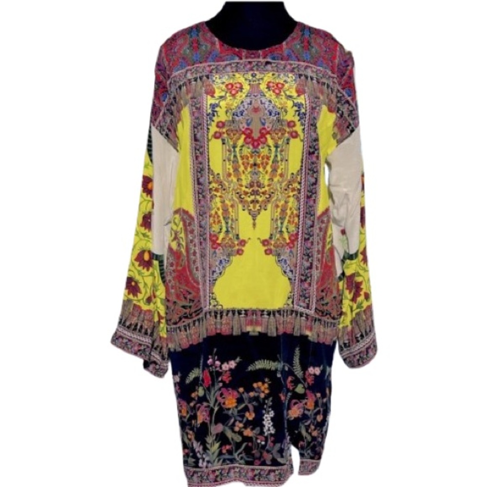 SANA SAFINAZ SILK SHIRT TUNIC DRESS MEDIUM MULTI COLORED FLORAL YELLOW